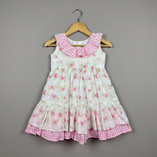 White with Pink Floral  and Checks Frock