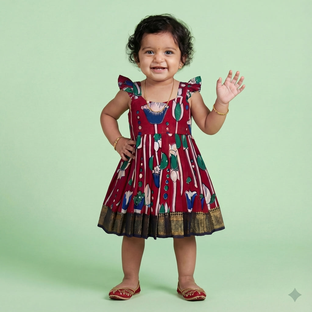 Maroon with multicolour Kalamkari print Frock