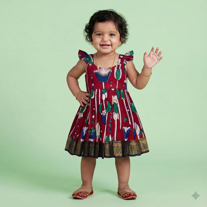 Maroon with multicolour Kalamkari print Frock