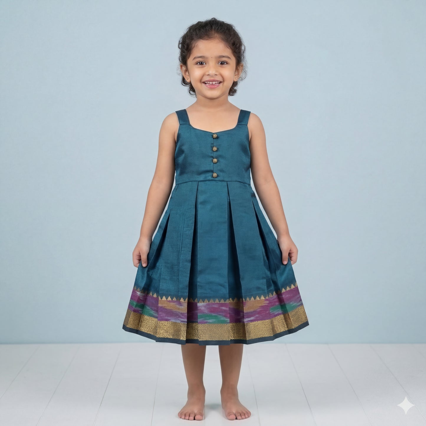 Teal Blue Mangalagiri Ikkat Silk Frock