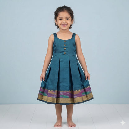 Teal Blue Mangalagiri Ikkat Silk Frock