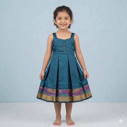 Teal Blue Mangalagiri Ikkat Silk Frock