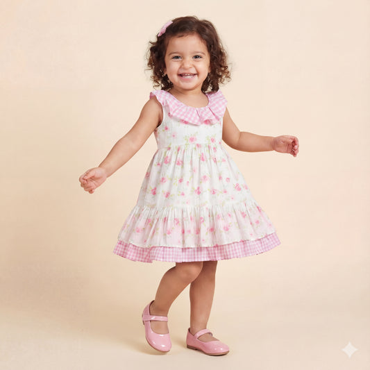 White with Pink Floral  and Checks Frock