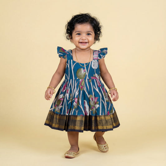 Teal blue with multicolour Kalamkari print Frock