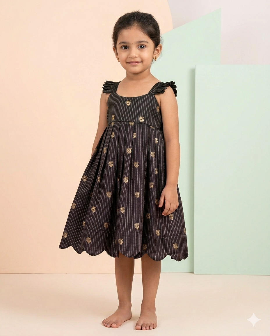 Peacock Butti Raw Silk Scalloped Hem Dress – Black