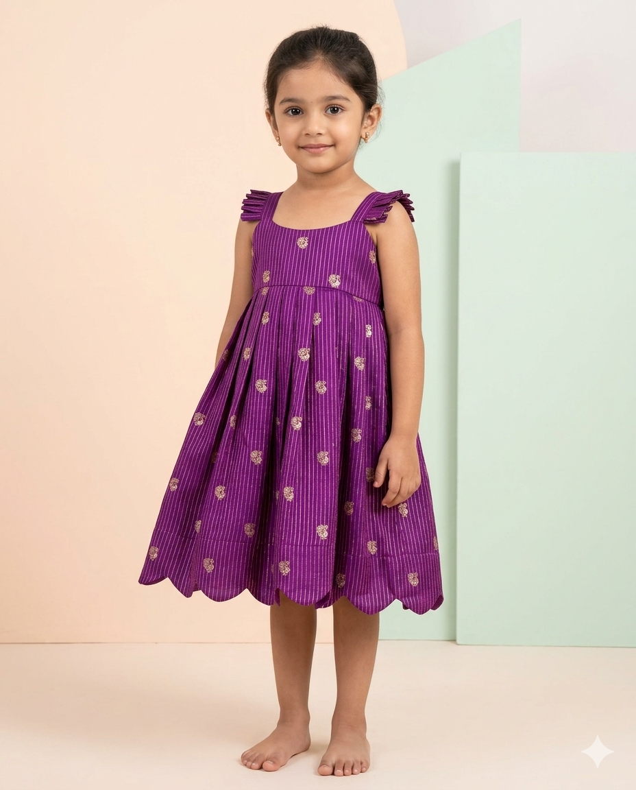 Peacock Butti Raw Silk Scalloped Hem Dress – Royal Purple
