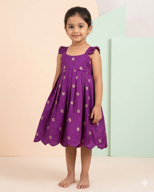 Peacock Butti Raw Silk Scalloped Hem Dress – Royal Purple