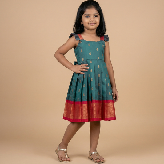 Teal Blue Paithani Pleated Frock