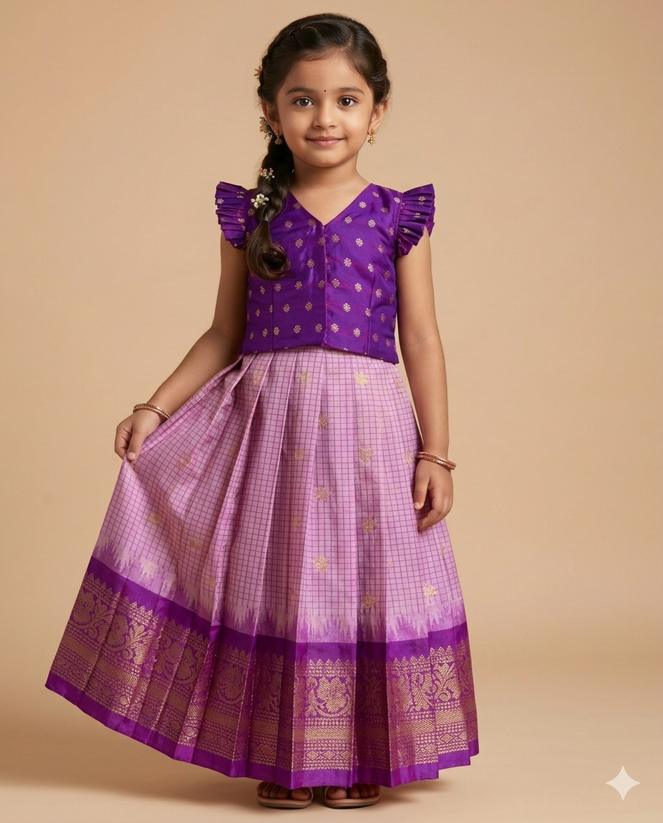 Lilac & Royal Purple Gadwal Checks Lehenga Set