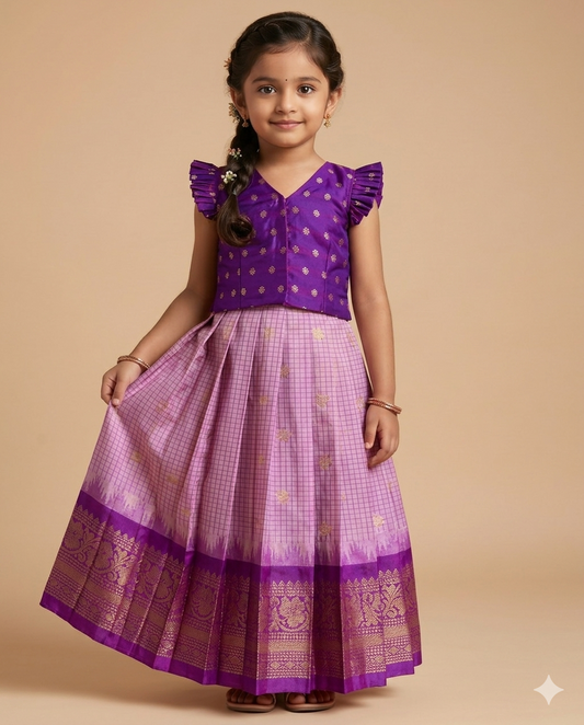 Lilac & Royal Purple Gadwal Checks Lehenga Set