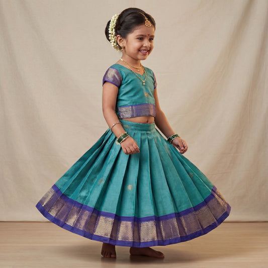 Teal blue Festive Peacock Motif silk Lehenga