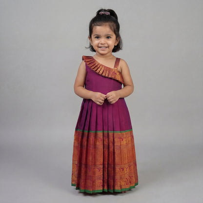 Royal Purple with Green Traditional Narayanapet  Cotton Frock