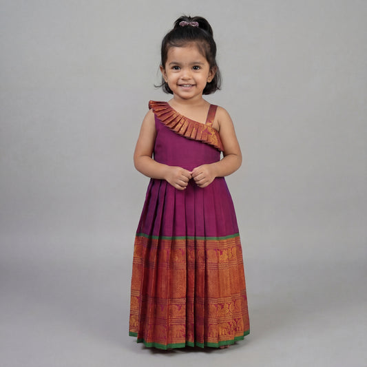 Royal Purple with Green Traditional Narayanapet  Cotton Frock