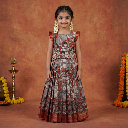 Rust Maroon Kalamkari Lehenga Set in Chennur Silk with Nizam Border