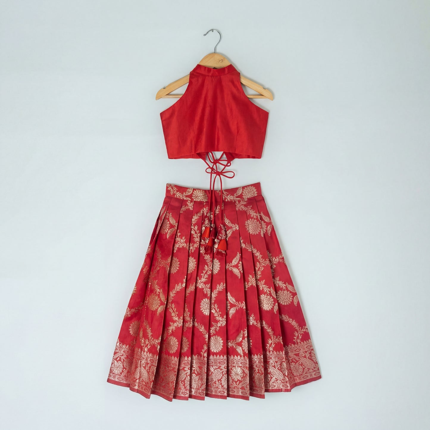 Red Banarasi Halter Neck Lehenga Set