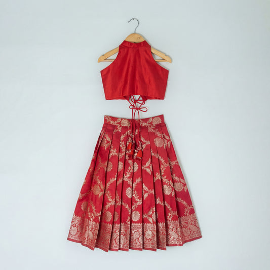 Red Banarasi Halter Neck Lehenga Set