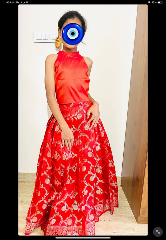 Red Banarasi Halter Neck Lehenga Set