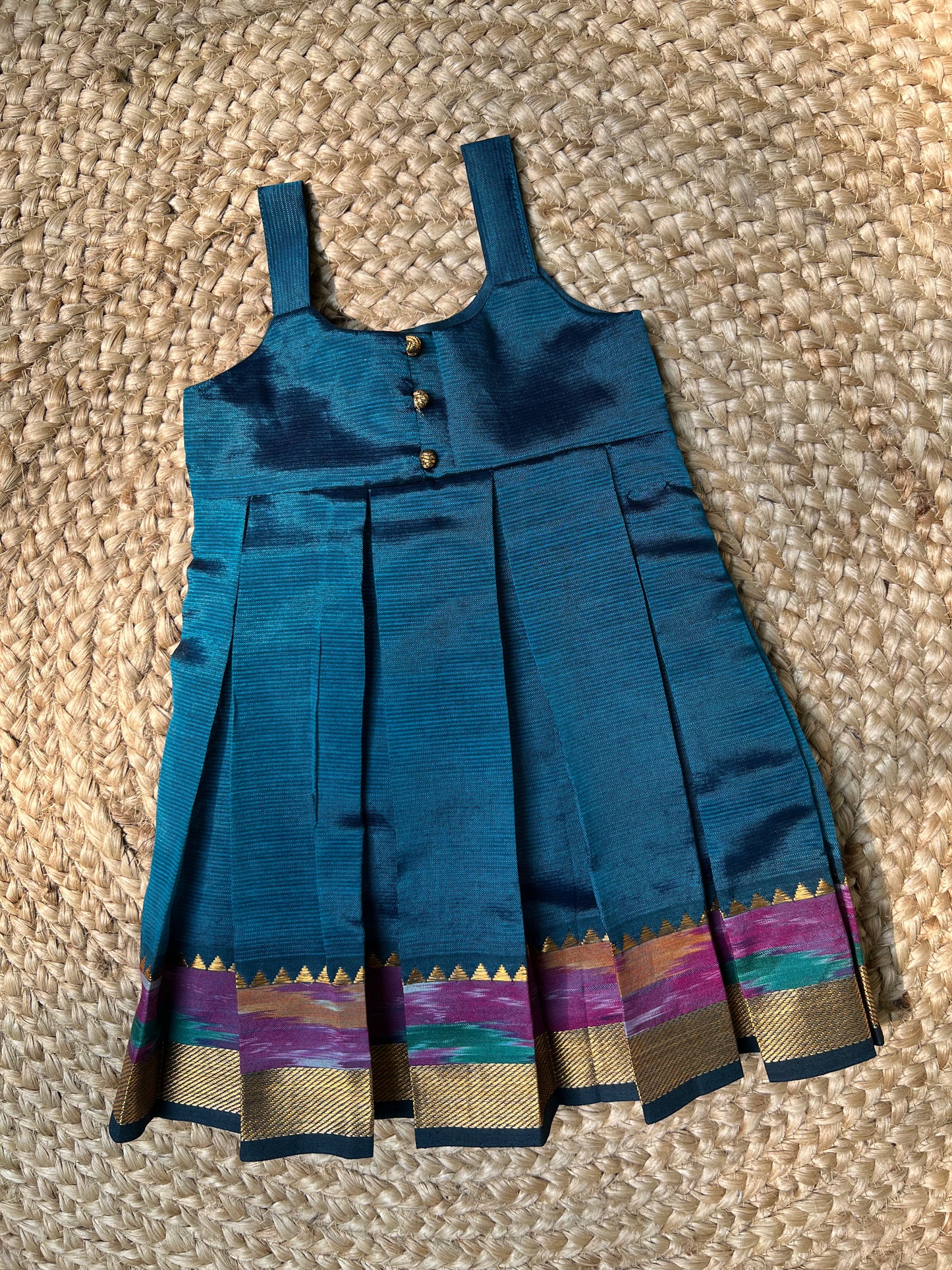 Teal Blue Mangalagiri Ikkat Silk Frock