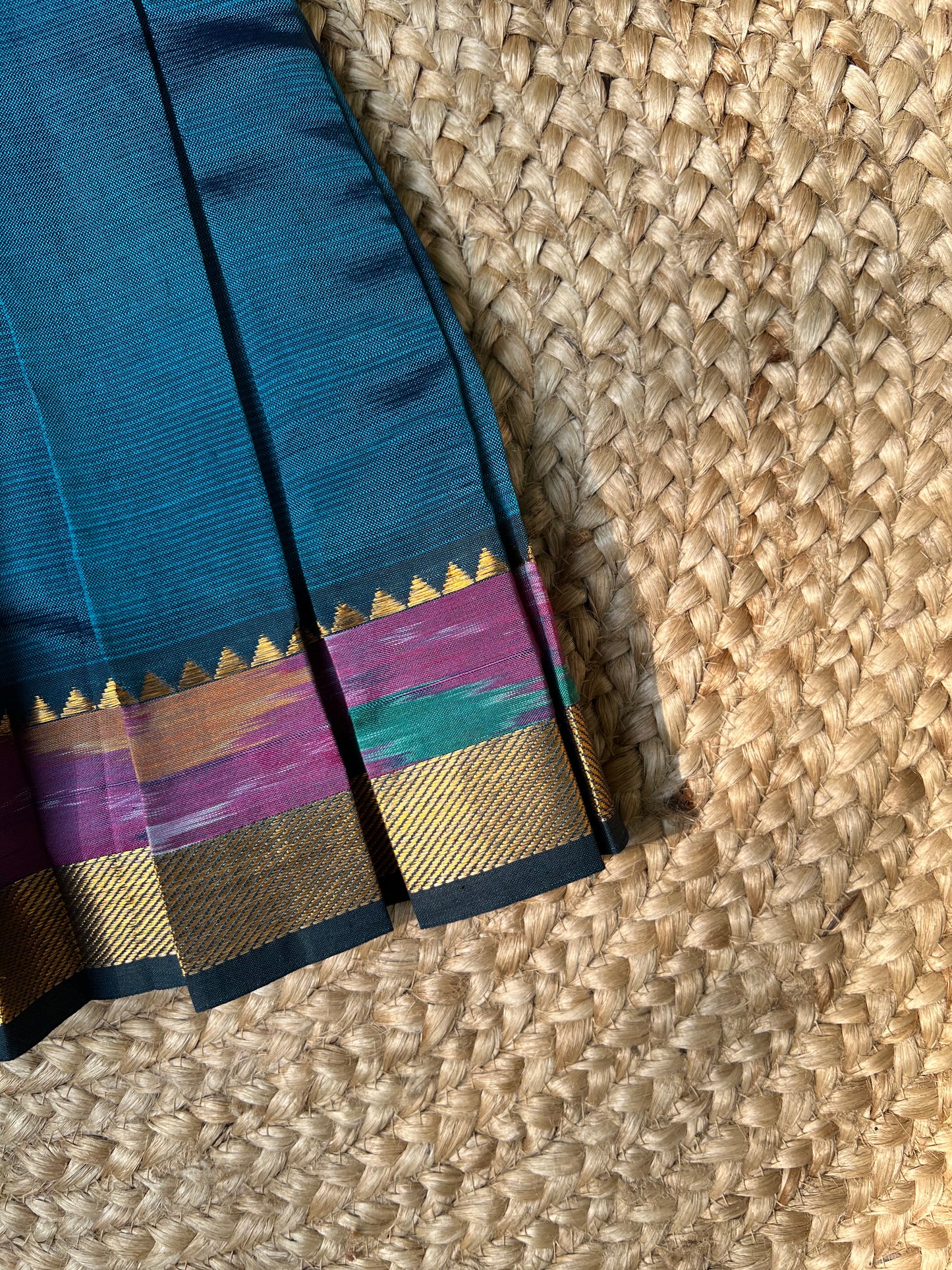 Teal Blue Mangalagiri Ikkat Silk Frock