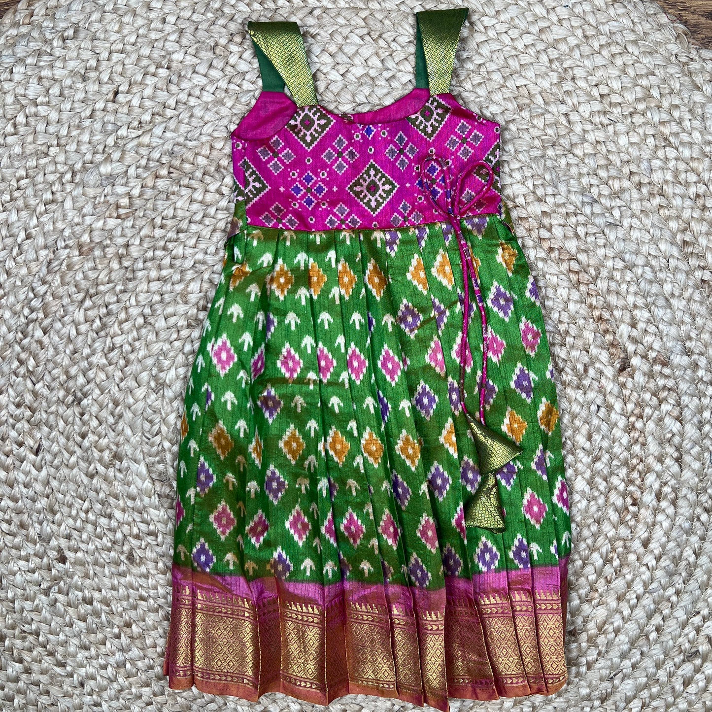 Green and Pink Ikkat Frock