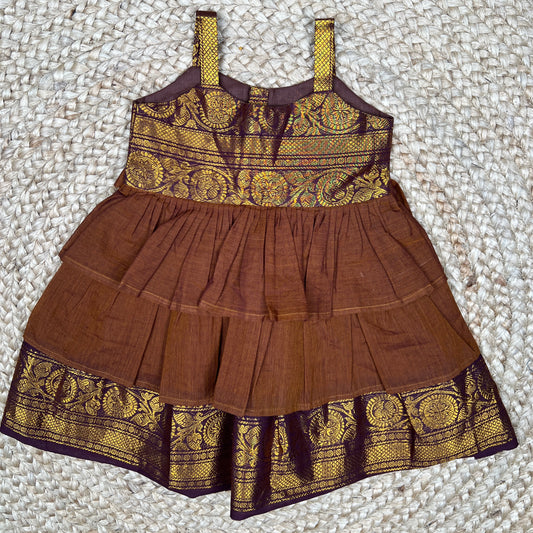 Brown Maroon Silk Ethnic Frock with Gold Zari Border