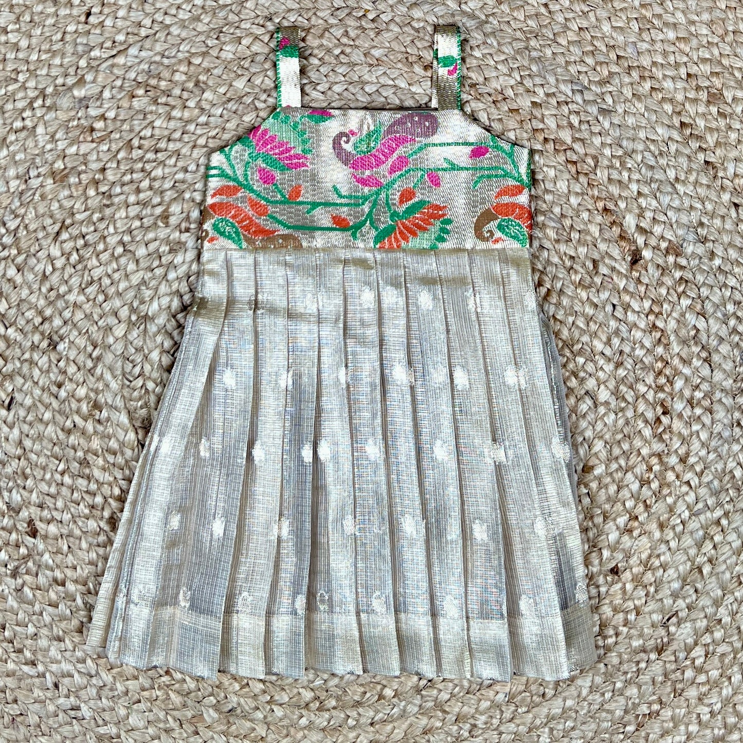 Ivory Silver Silk Ethnic Frock with Printed Yoke