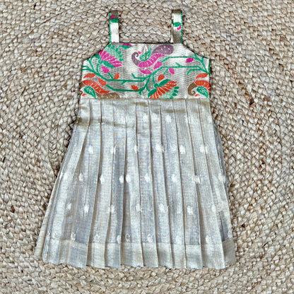 Ivory Silver Silk Ethnic Frock with Printed Yoke