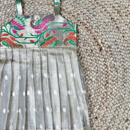 Ivory Silver Silk Ethnic Frock with Printed Yoke