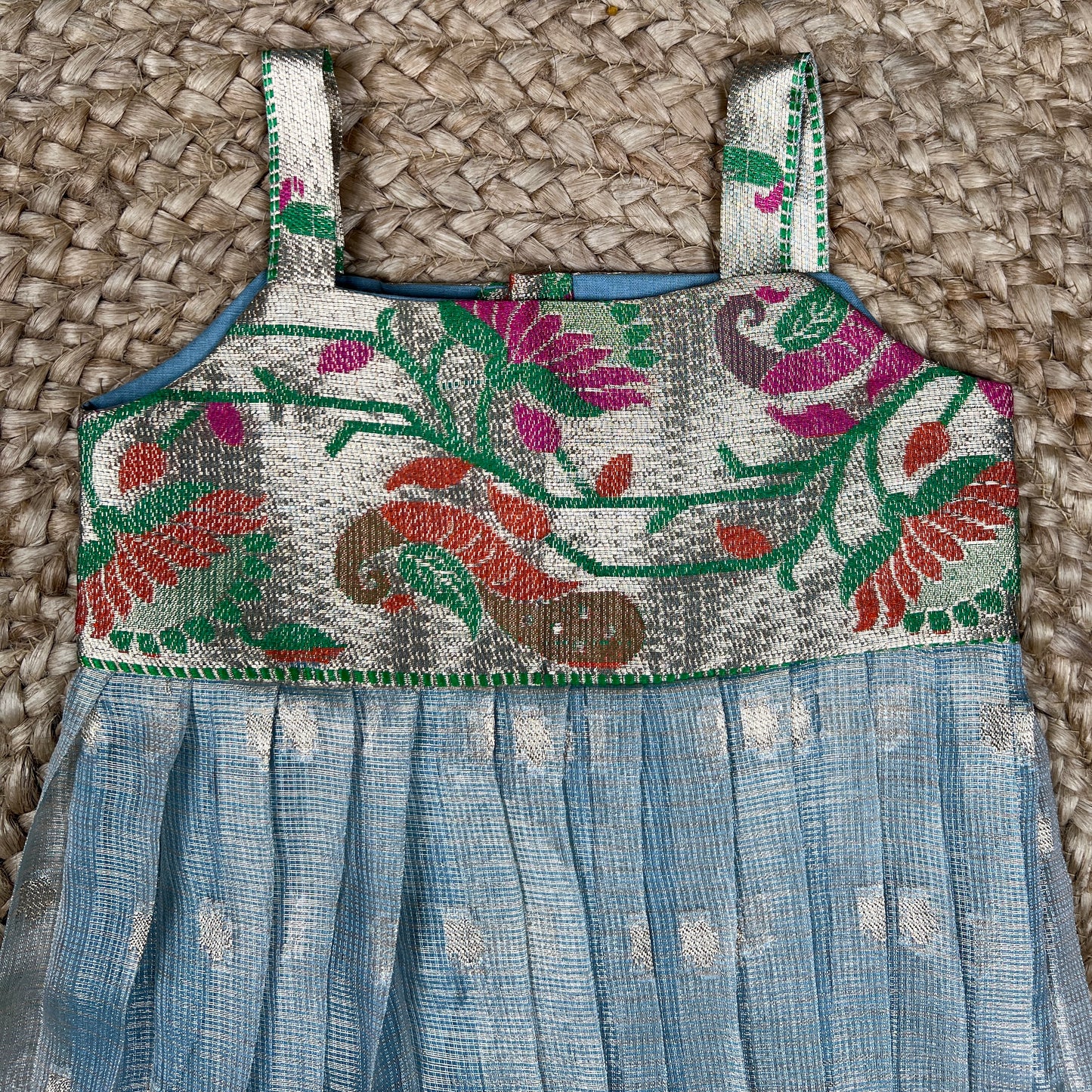 Powder Blue Silk Ethnic Frock with Printed Yoke