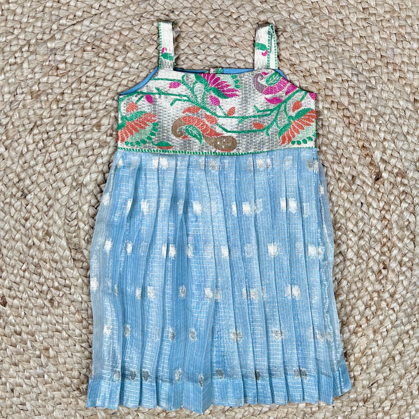 Powder Blue Silk Ethnic Frock with Printed Yoke