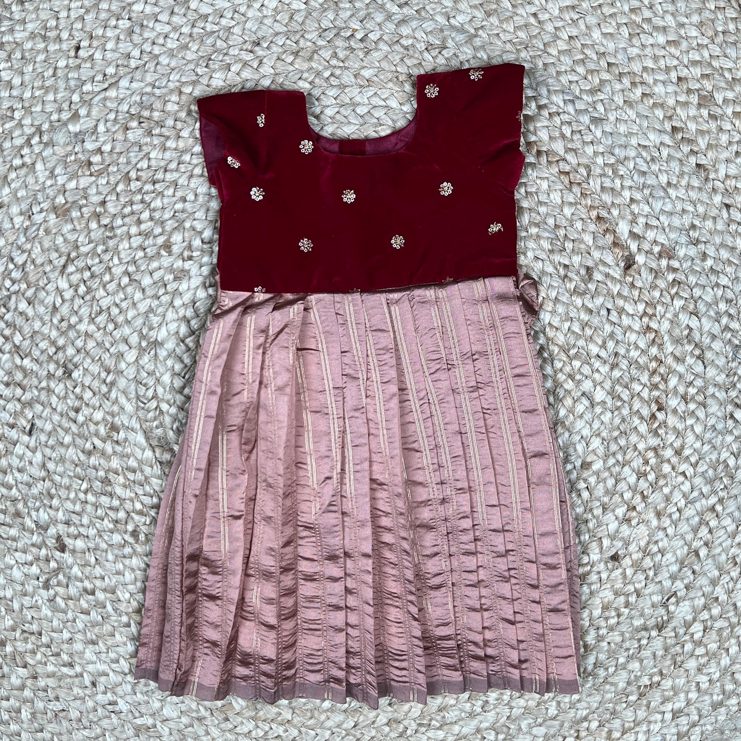 Burgundy Velvet & Mauve Silk Stripe Frock