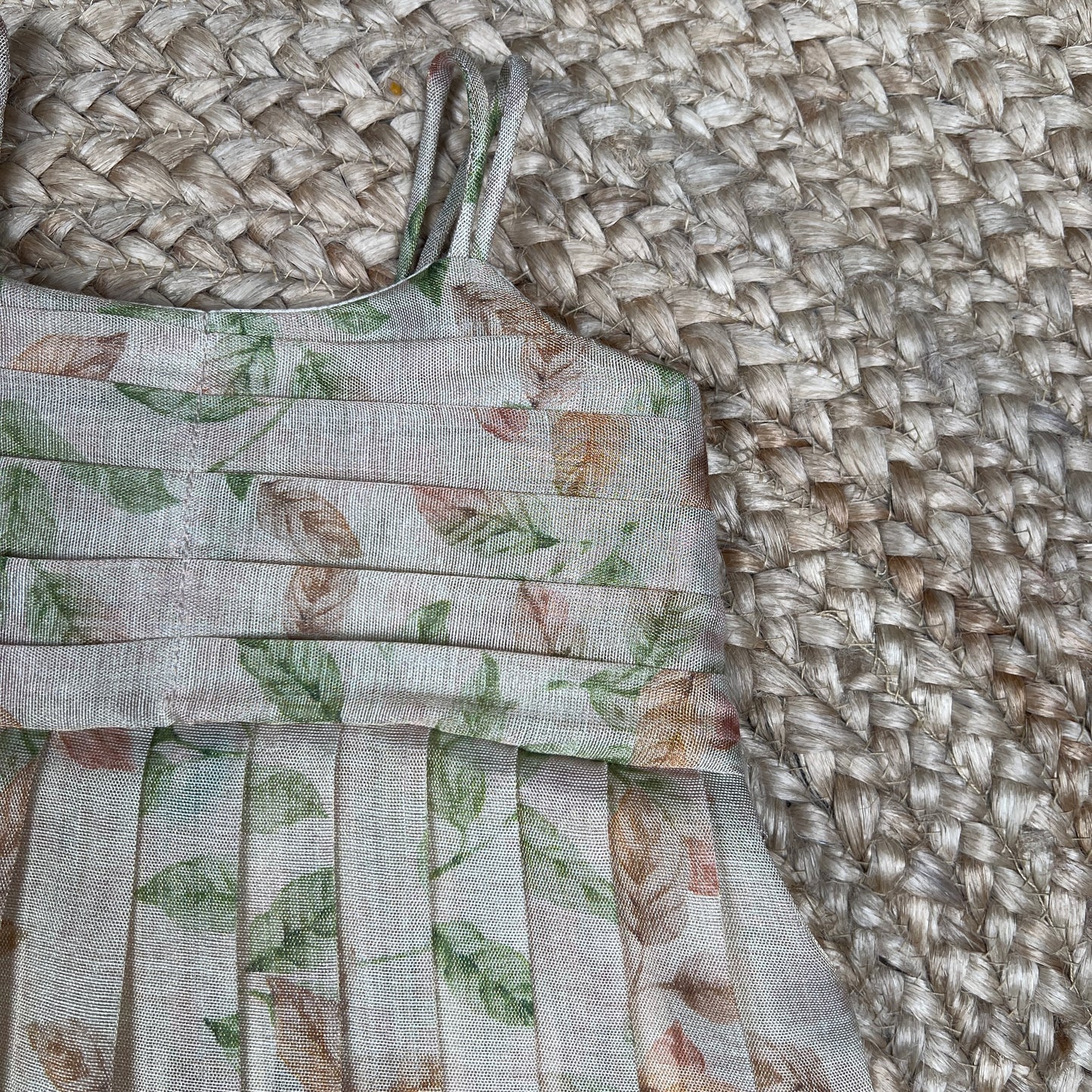 Ivory White with Green & Beige Leaf Print Frock