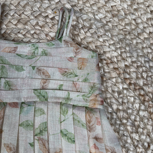 Ivory White with Green & Beige Leaf Print Frock