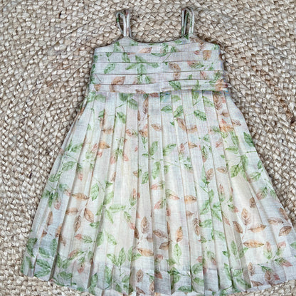 Ivory White with Green & Beige Leaf Print Frock