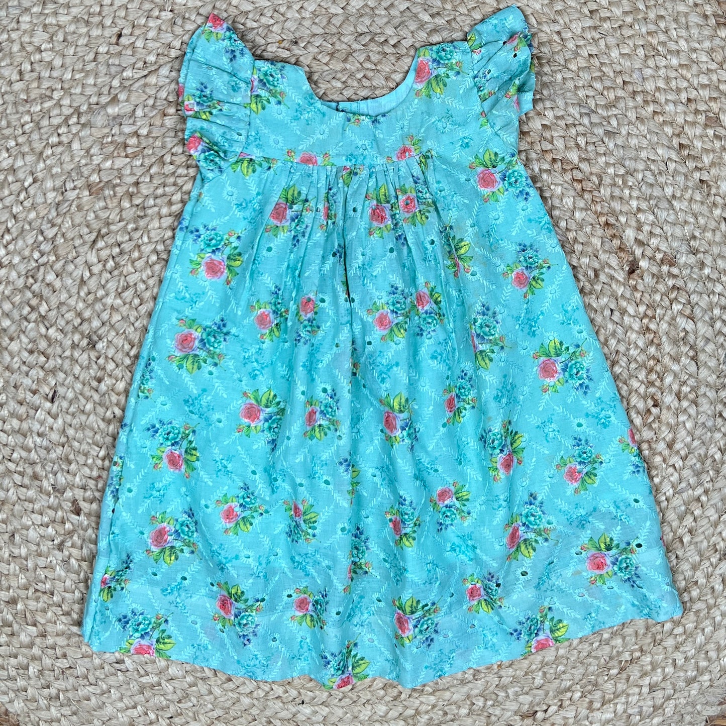 Aqua Blue Floral Hakoba Cotton Frock