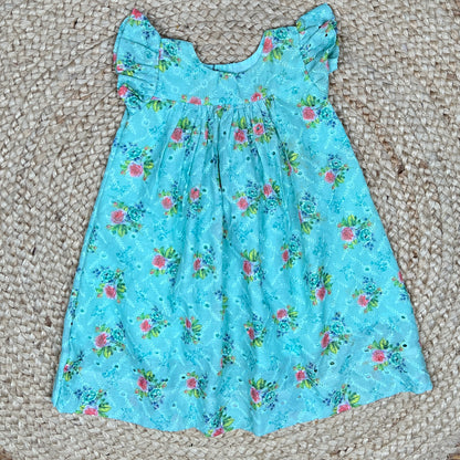 Aqua Blue Floral Hakoba Cotton Frock