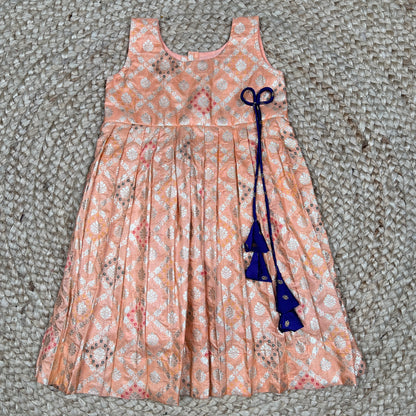 Peach Brocade Silk Ethnic Frock with Tassel Tie-Up