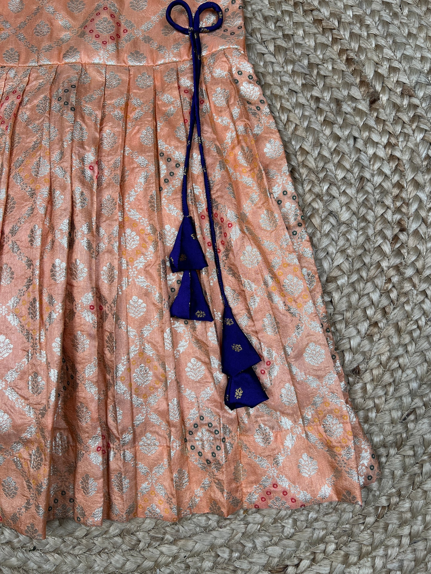 Peach Brocade Silk Ethnic Frock with Tassel Tie-Up