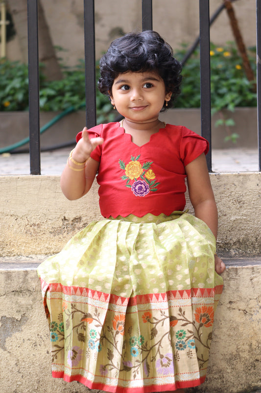 Pista Green Zari Kota Festive Lehenga with Embroidered Blouse