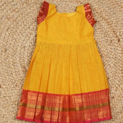 Yellow with Pink Traditional Border Kanchi Cotton Frock