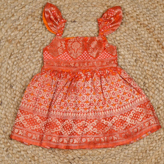 Orange  Benarasi Gathered Pleats Frock
