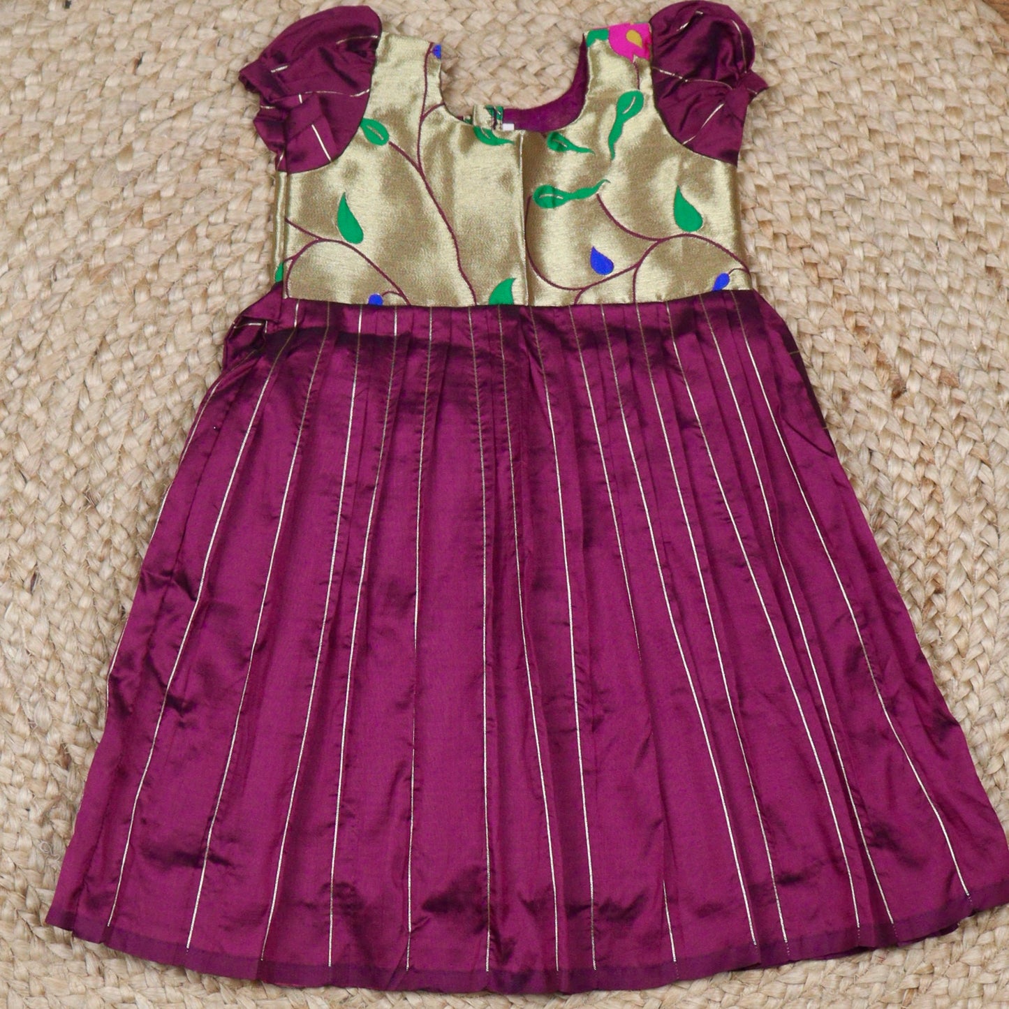 Wine Purple Silk Frock with Gold Brocade Yoke