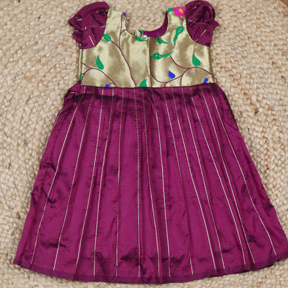 Wine Purple Silk Frock with Gold Brocade Yoke
