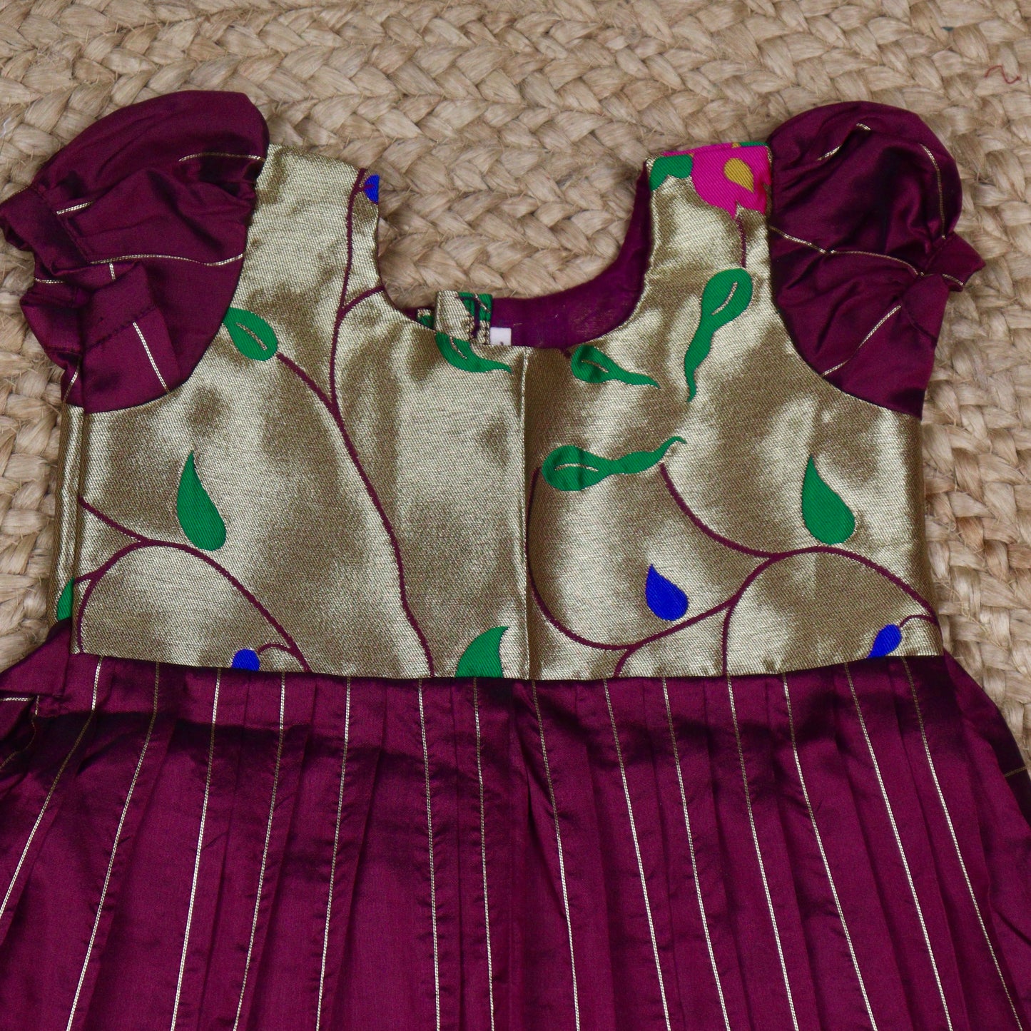 Wine Purple Silk Frock with Gold Brocade Yoke