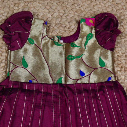 Wine Purple Silk Frock with Gold Brocade Yoke