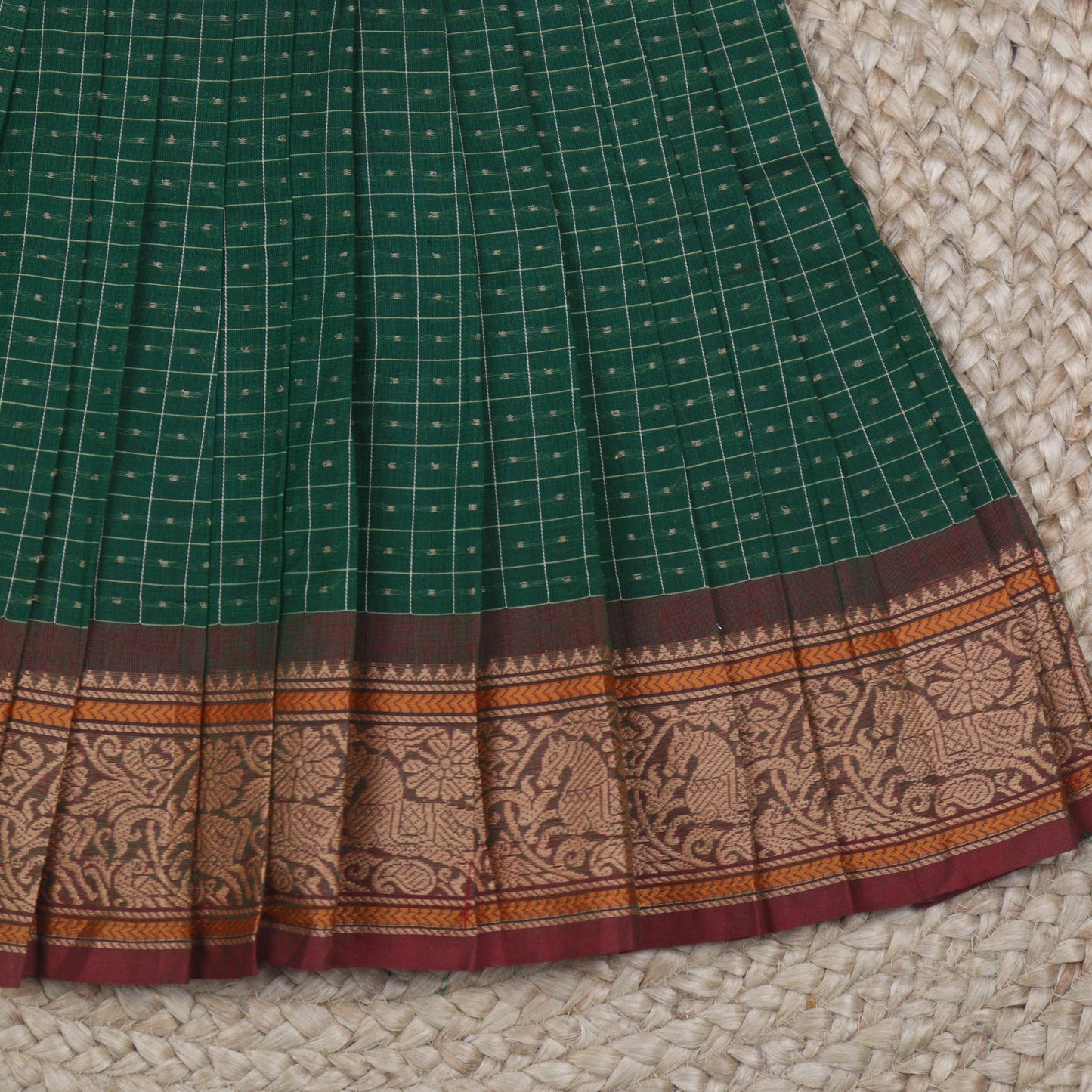Bottle Green Checked Ethnic Frock with Zari Border