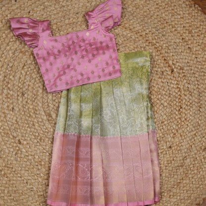 Green and Pink Brocade Tissue Silk Lehenga Set