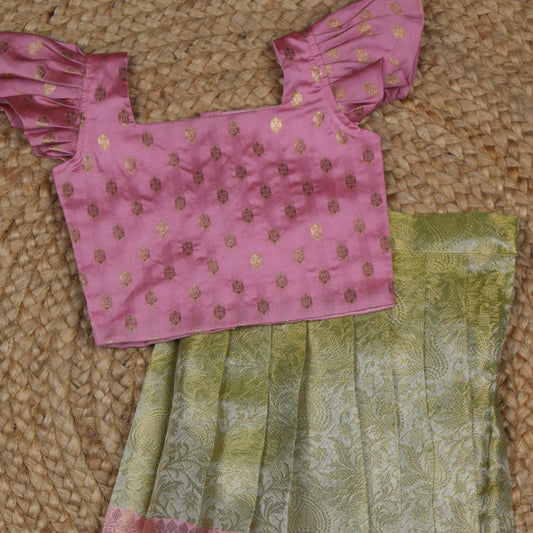 Green and Pink Brocade Tissue Silk Lehenga Set
