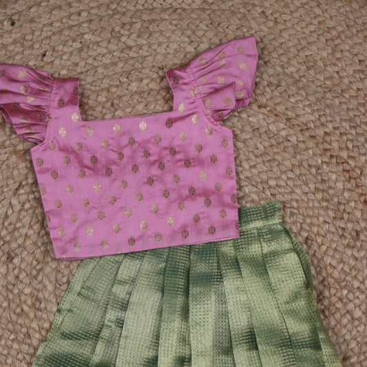 Green and Pink Tissue Silk Lehenga Set