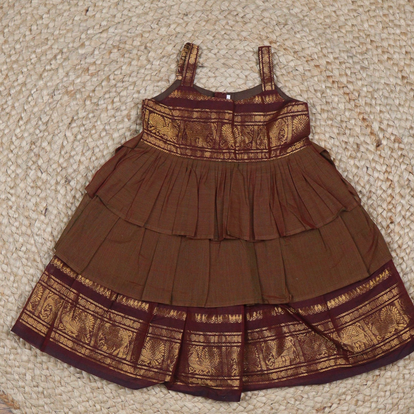 Brown Silk Ethnic Frock with Maroon and Gold Zari Border